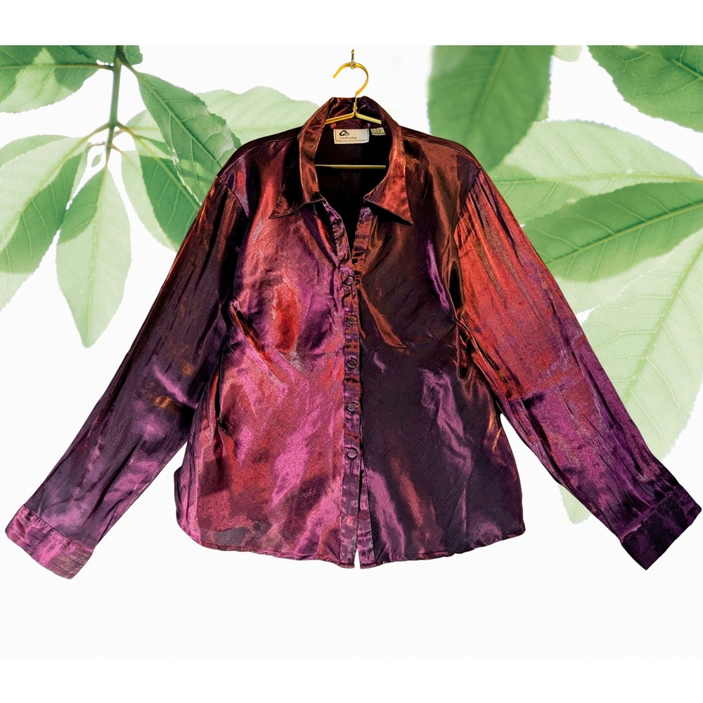 Carolina Bay sz 26/28 Womens Metallic/Wet Purple Satin Button Down Shirt Blouse